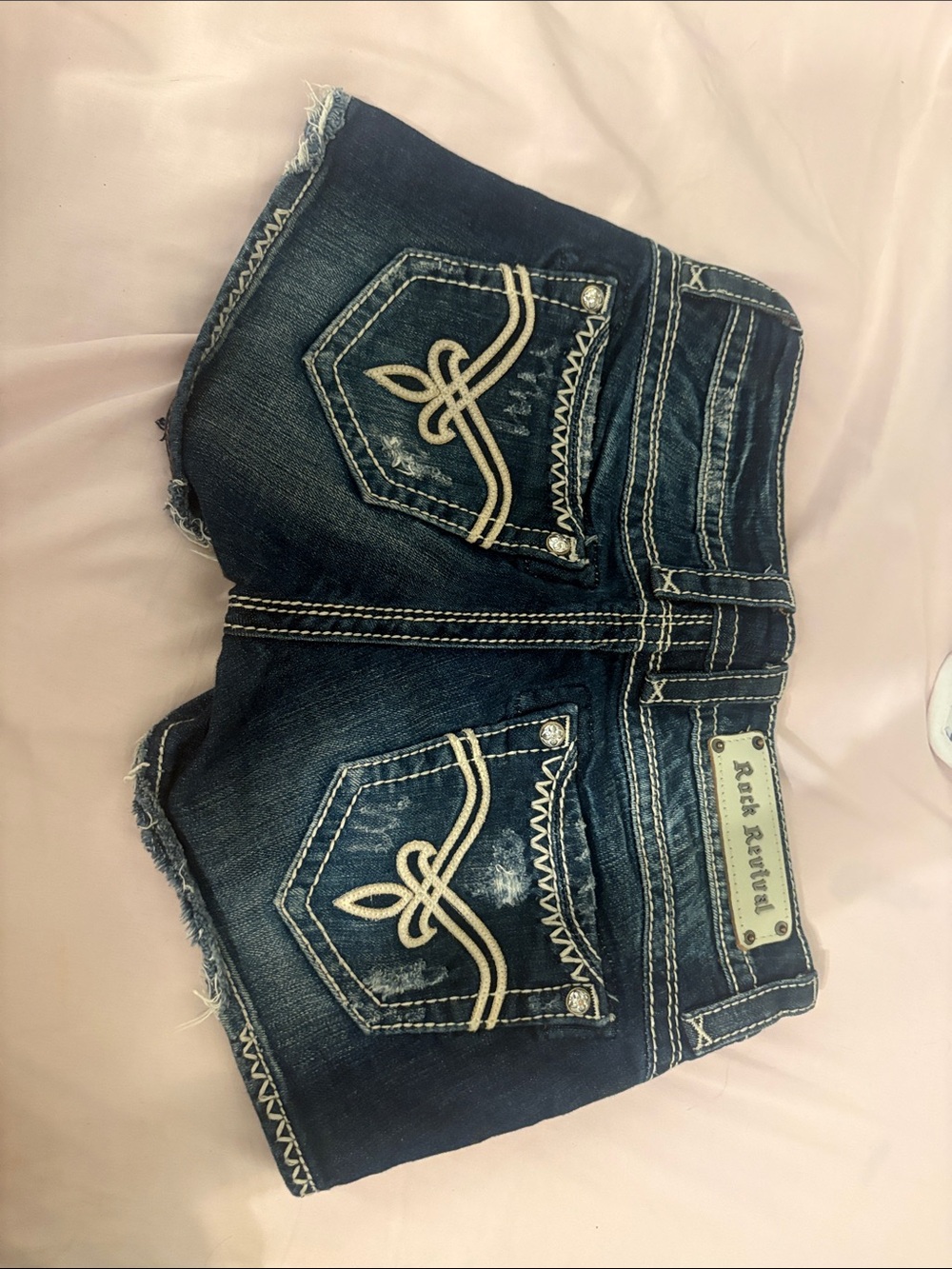 Rock Revival Dark Blue Denim Cutoff Shorts with Embroidered Pockets